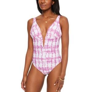 Bar III Women Summer Stripes Plunge One-Piece Purple Fuchsia Size M